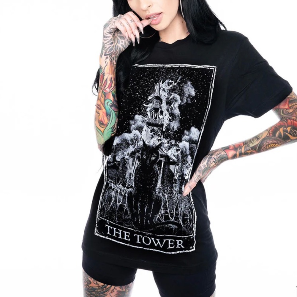 Mortus Viventi Tarot Card Goth Black Graphic T-Shirt Tee The Tower